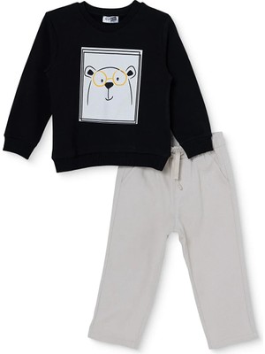 Hellobaby Erkek Bebek Tişört-Pantolon Ayı Baskılı Düğmeli Bisiklet Yaka Long Sleeve Reçme