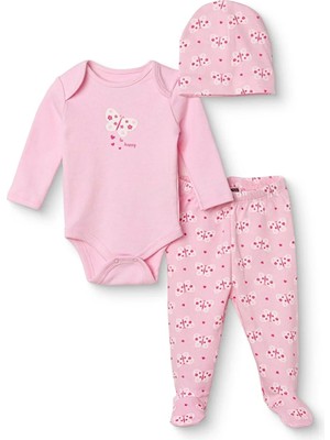 Hellobaby Kız Bebek Body-Alt-Şapka Kelebek Baskılı Çıtçıtlı Bisiklet Yaka Long Sleeve Patikli