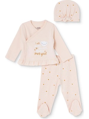 Hellobaby Kız Bebek Zıbın-Şapka-Alt Hayvan Baskılı Çıtçıtlı V Yaka Long Sleeve Patikli
