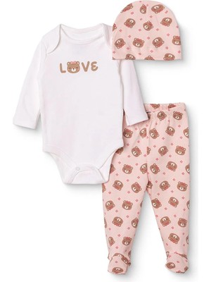 Hellobaby Kız Bebek Body-Alt-Şapka Hayvan Baskılı Çıtçıtlı Bisiklet Yaka Long Sleeve Patikli