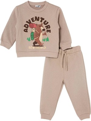 Hellobaby Erkek Bebek Eşofman Takımı Ayı Baskılı Bisiklet Yaka Long Sleeve Ribanalı