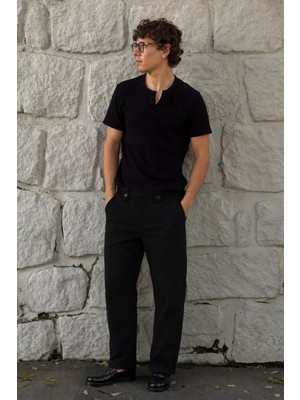 Madmext Siyah Regular Fit Erkek Pantolon E6574 Geniş Paça Dokuma Kumaş Desenli Model