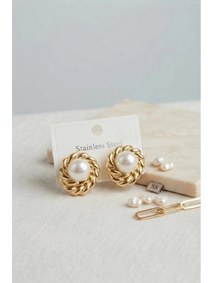 Renas Store 316L Çelik Gold Renk Incili Model Kadın Küpe TJ-BKP12031