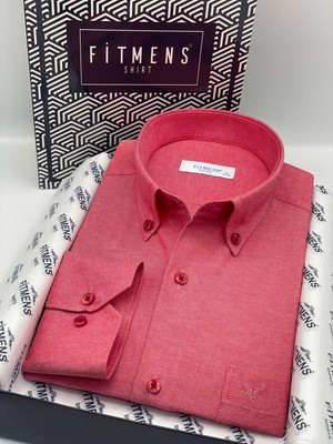 Fitmens Klasik Uzun Kol Pamuklu Yaka Düğmeli Hediye Kutulu Kolay Ütülenebilir Erkek Gömlek FS-003897 - Kırmızı