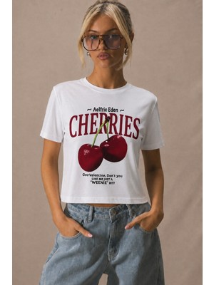 Tarz Cool Kadın Cherry Baskılı Crop Tişört Relax Kalıp Bisiklet Yaka %100 Pamuk Süprem Kısa Kollu T-Shirt