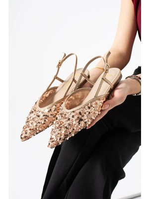 Best Cover LERINA Kadın Bej Sivri Burun Slingback Pul Payet Detaylı Düz Taban Babet Ayakkabı