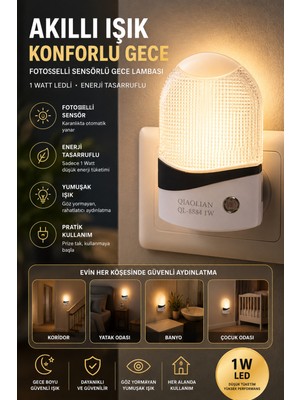 Ecuy 1 Watt Fotoselli Sensörlü LED Gece Lambası Otomatik Yanan Koridor Yatak Çocuk Odası Aydınlatma Beyaz