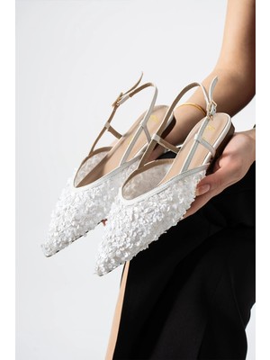 Best Cover LERINA Kadın Beyaz Sivri Burun Slingback Pul Payet Detaylı Düz Taban Babet Ayakkabı
