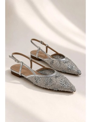 Best Cover EFTELYA Kadın Gümüş Çiçek İşlemeli Tül Sivri Burun Slingback Babet Ayakkabı