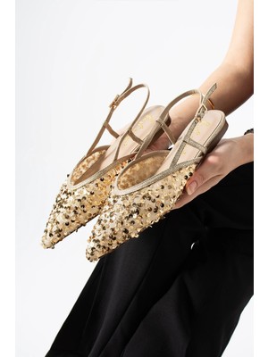 Best Cover LERINA Kadın Gold Sivri Burun Slingback Pul Payet Detaylı Düz Taban Babet Ayakkabı