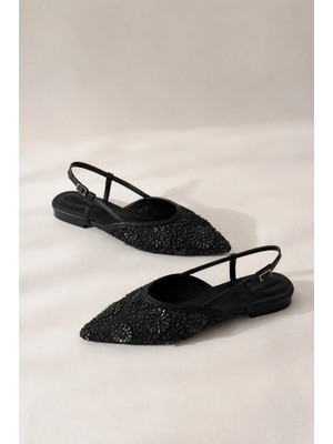 Best Cover EFTELYA Kadın Siyah Çiçek İşlemeli Tül Sivri Burun Slingback Babet Ayakkabı