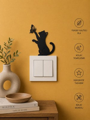 Portal 3d 3D Baskı Kelebekli Kedi Priz Üstü Dekor – Pla Malzeme – Dekoratif Anahtar ve Priz Süsü – Siyah