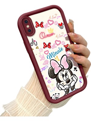 HONTINGA iPhone Xs ile Uyumlu Kılıf Kamera Koruyucu Basitlik Anti Düşme Kamera Korumalı Minnie Kılıf Bordo Desen Yumuşak Silikon Sevgili Çift Telefon Kılıfı Kadın ve Erkek Için Uygundur K2-7450