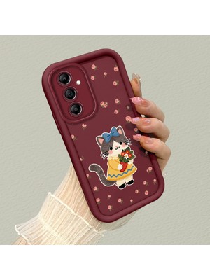 HONTINGA Samsung Galaxy A14 5g ile Uyumlu Kılıf Kamera Koruyucu Basitlik Anti Düşme Kamera Korumalı Kedili Kılıf Bordo Desen Yumuşak Silikon Sevgili Çift Telefon Kılıfı Kadın ve Erkek Için Uygundur K2-7452
