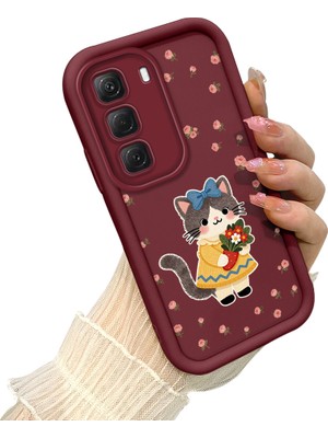 HONTINGA Infinix Hot 60 Pro  ile Uyumlu Kılıf Kamera Koruyucu Basitlik Anti Düşme Kamera Korumalı Kedili Kılıf Bordo Desen Yumuşak Silikon Sevgili Çift Telefon Kılıfı Kadın ve Erkek Için Uygundur K2-7452