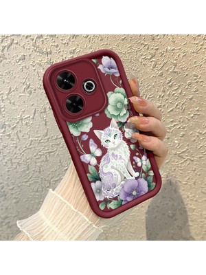 HONTINGA Xiaomi Redmi 13 ile Uyumlu Kılıf Kamera Koruyucu Basitlik Anti Düşme Kamera Korumalı Kedili Kılıf Bordo Desen Yumuşak Silikon Sevgili Çift Telefon Kılıfı Kadın ve Erkek Için Uygundur K2-7452