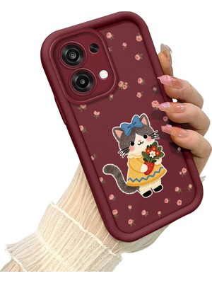 HONTINGA Oppo A6 Pro 4g ile Uyumlu Kılıf Kamera Koruyucu Basitlik Anti Düşme Kamera Korumalı Kedili Kılıf Bordo Desen Yumuşak Silikon Sevgili Çift Telefon Kılıfı Kadın ve Erkek Için Uygundur K2-7452