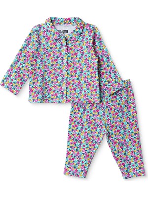 Hellobaby Kız Bebek Pijama Takımı Çiçek Baskılı Düğmeli Gömlek Yaka Long Sleeve Reçme