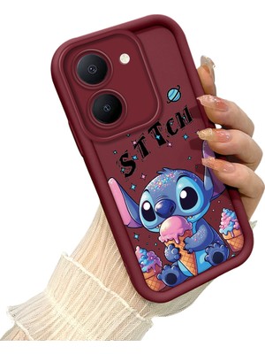 HONTINGA Vivo Y36 5g ile Uyumlu Kılıf Kamera Koruyucu Basitlik Anti Düşme Kamera Korumalı Stitch Kılıf Bordo Desen Yumuşak Silikon Sevgili Çift Telefon Kılıfı Kadın ve Erkek Için Uygundur K2-7490