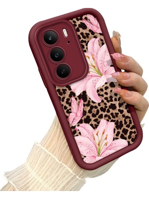 HONTINGA Realme 14X ile Uyumlu Kılıf Kamera Koruyucu Basitlik Anti Düşme Kamera Korumalı Çiçekli Kılıf Bordo Desen Yumuşak Silikon Sevgili Çift Telefon Kılıfı Kadın ve Erkek Için Uygundur K2-7491