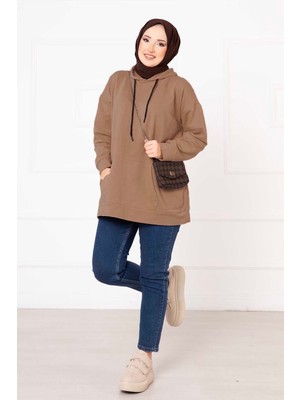 Cvn Kanguru Cepli Tesettür Sweatshirt Koyu Vizon