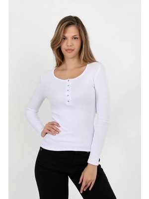 Hdm Kadın Beyaz Uzun Kollu Fitilli Patlı Düğmeli Basic Örme Bluz - H6162