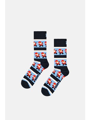 Happy Socks - Lacivert Noel Baba ve Çizgili Pamuklu Çorap