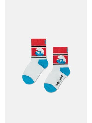 Happy Socks - 2-3 Yaş Beyaz Şirinler Desenli Çocuk Pamuklu Çorap