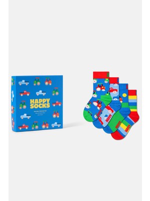 Happy Socks - Mavi 4’lü Traktör ve Kamyon Desenli Çocuk Pamuklu Çorap Seti