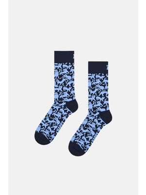 Happy Socks - Lacivert Kedi Desenli Pamuklu Çorap