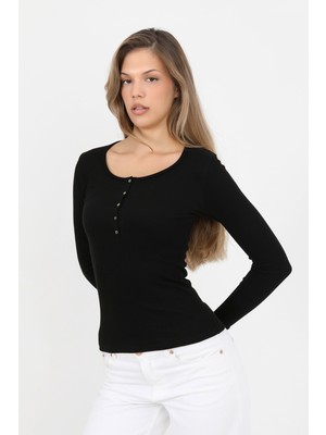 Hdm Kadın Siyah Uzun Kollu Fitilli Patlı Düğmeli Basic Örme Bluz - H6162