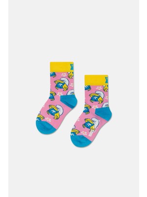 Happy Socks - 7-9 Yaş Açık Pembe Şirine ve Çiçek Desenli Çocuk Pamuklu Çorap