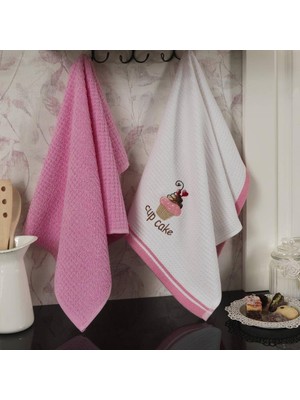 Maxstyle Pamuk Mutfak Havlusu 2'li Beyaz-Pembe 40X60