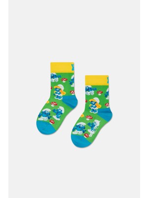 Happy Socks - 2-3 Yaş Yeşil Şirinler ve Mantar Desenli Çocuk Pamuklu Çorap