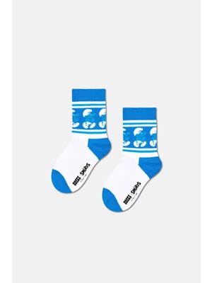Happy Socks - 4-6 Yaş Şirinler Desenli Beyaz Çocuk Pamuklu Çorap