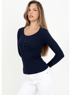 Hdm Kadın Lacivert Uzun Kollu Fitilli Patlı Düğmeli Basic Örme Bluz - H6162
