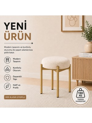 Cemre Tekli Puf Tabure Bench Makyaj Sandalyesi Gold Ayak