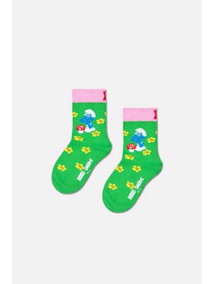 Happy Socks - 4-6 Yaş Şirinler Desenli Yeşil Çocuk Pamuklu Çorap