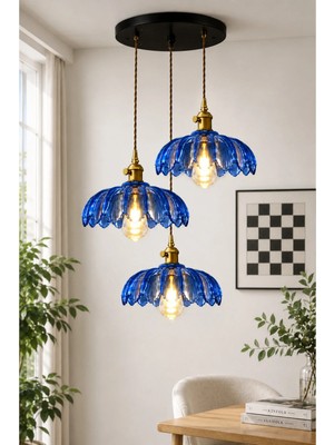Luna Lighting Petra Model Safir Mavi Cam Klasik Sarkıt 3'lü Sarkıt Avize