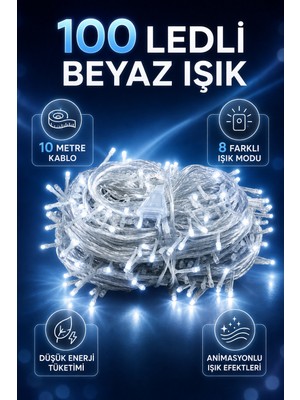 Ecuy 100 LED Beyaz Yılbaşı Işığı 10 Metre 8 Modlu Animasyonlu Eklenebilir Dekoratif Aydınlatma Işık Seti