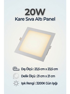 AC Aydınlatma 20W Kare Sıva Altı LED Panel Armatür 3200K Gün Işığı – 23,5X23,5 cm | 21X21 cm Delik Ölçüsü