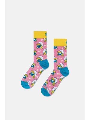 Happy Socks - Açık Pembe Şirine ve Çiçek Desenli Pamuklu Çorap