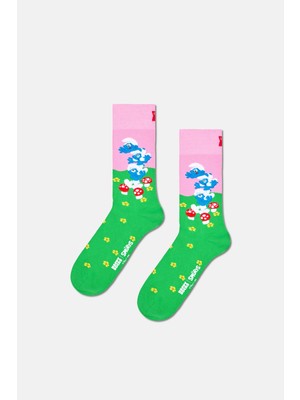 Happy Socks - Yeşil Şirinler Desenli Pamuklu Çorap
