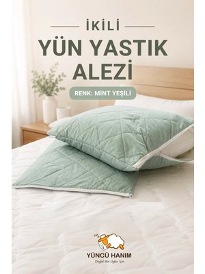 Yüncü Hanım Mint Yeşili Renkli Kuzu Yünü Dolgulu Kapitoneli Yastık Alezi , Doğal Pamuk Kumaş 50X70 cm (2 Adet)