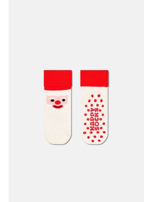 Happy Socks - Beyaz Noel Baba Desenli Kaydırmaz Çocuk Pamuklu Çorap