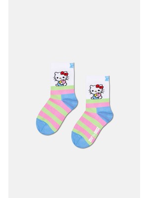 Happy Socks - Beyaz Hello Kitty Çizgili Desenli Çocuk Pamuklu Çorap