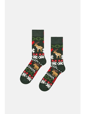 Happy Socks - Koyu Yeşil Ren Geyiği Desenli Pamuklu Çorap