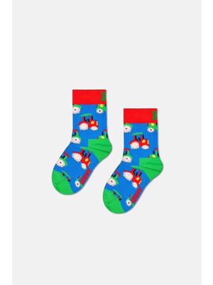 Happy Socks - Mavi Traktör Desenli Çocuk Pamuklu Çorap