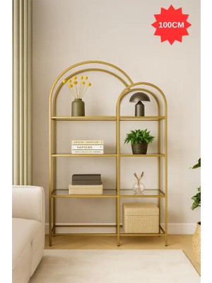 Twin Metal Kitaplık - Gold Şeffaf Camlı Dekoratif Aksesuar Rafı Mutfak Rafı