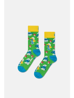 Happy Socks - Yeşil Şirinler Mantar Desenli Pamuklu Çorap